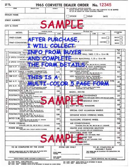 1965 CORVETTE DEALER ORDER FORM