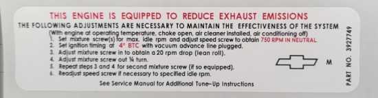 Correct 1968 L71/L89 Emissions Tune Up Label 