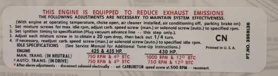 1st Design 1969 L71/L89/L88 Tune Up Label 