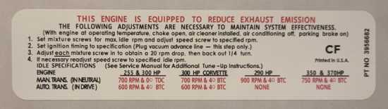 Correct 1969 350 2nd Design Tune Up Label 