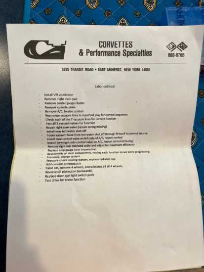 1975 Corvette itemized list of 2023 repairs mainly to air conditioning.JPG