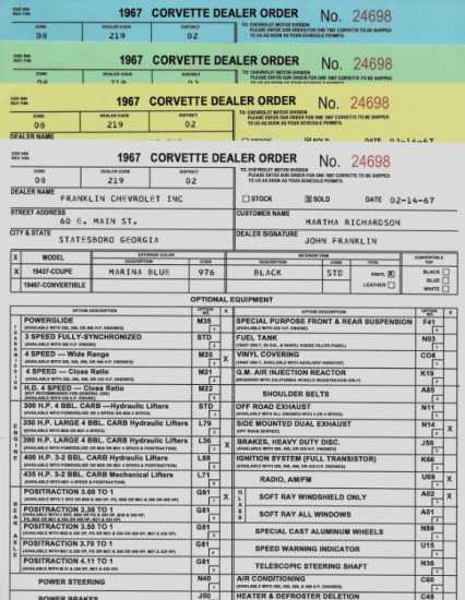 1967 CORVETTE DEALER ORDER FORM